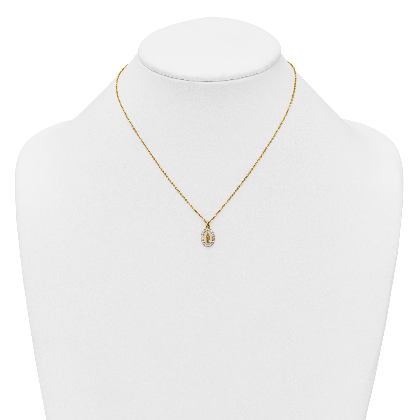 Sterling Silver Gold-plated CZ and White Enamel Miraculous Medal 15.75 inch with 2 inch extender Necklace