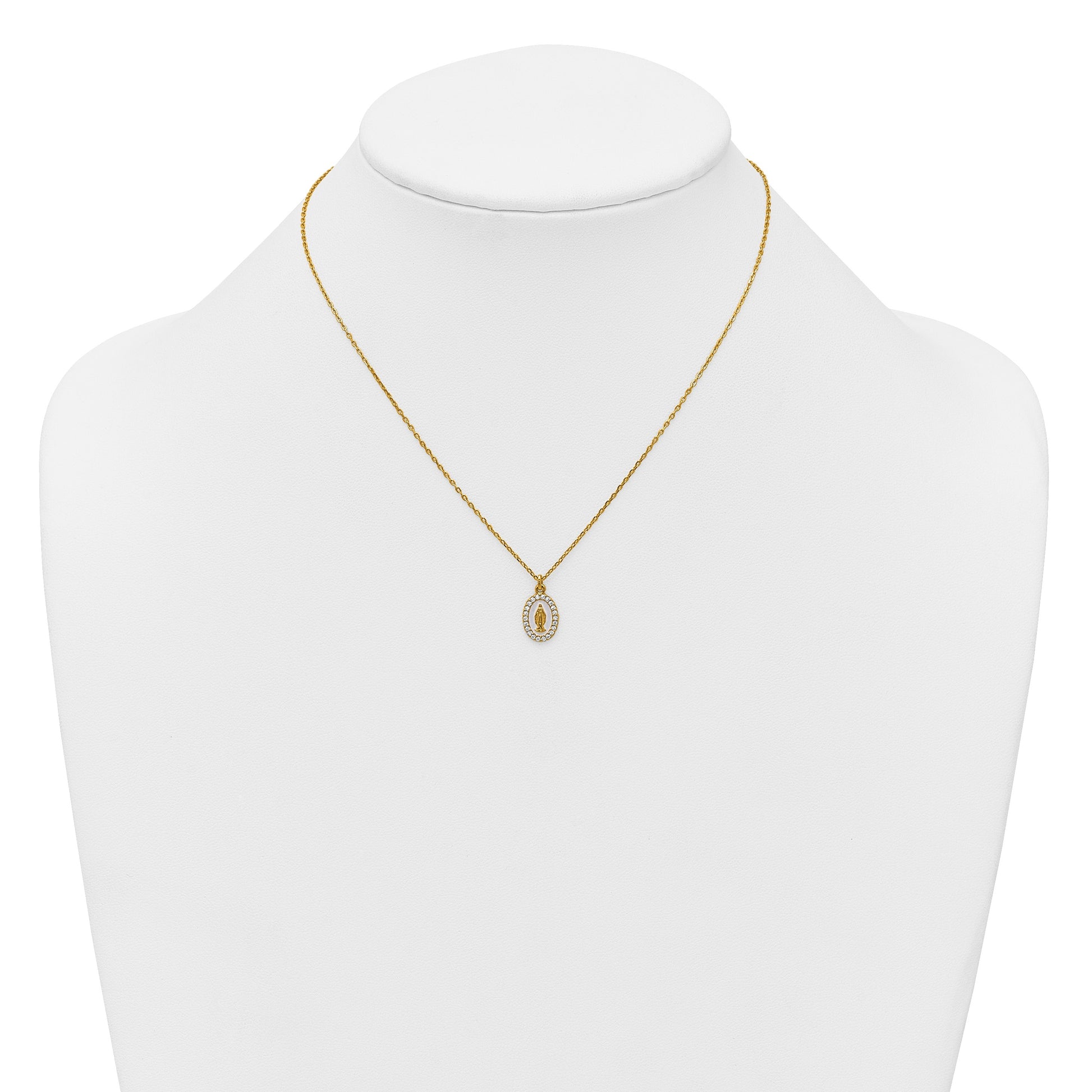 Sterling Silver Gold-plated CZ and White Enamel Miraculous Medal 15.75 inch with 2 inch extender Necklace