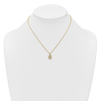 Sterling Silver Gold-plated CZ and White Enamel Miraculous Medal 15.75 inch with 2 inch extender Necklace