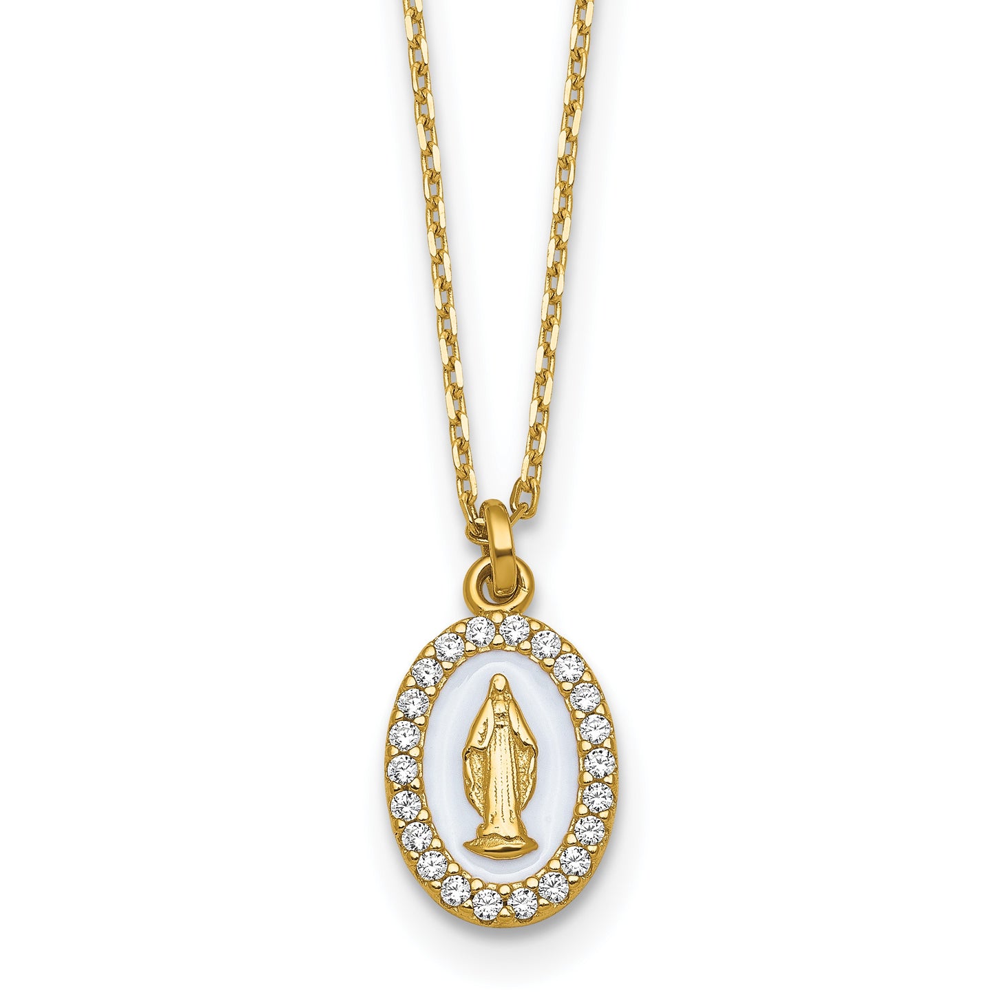 Sterling Silver Gold-plated CZ and White Enamel Miraculous Medal 15.75 inch with 2 inch extender Necklace