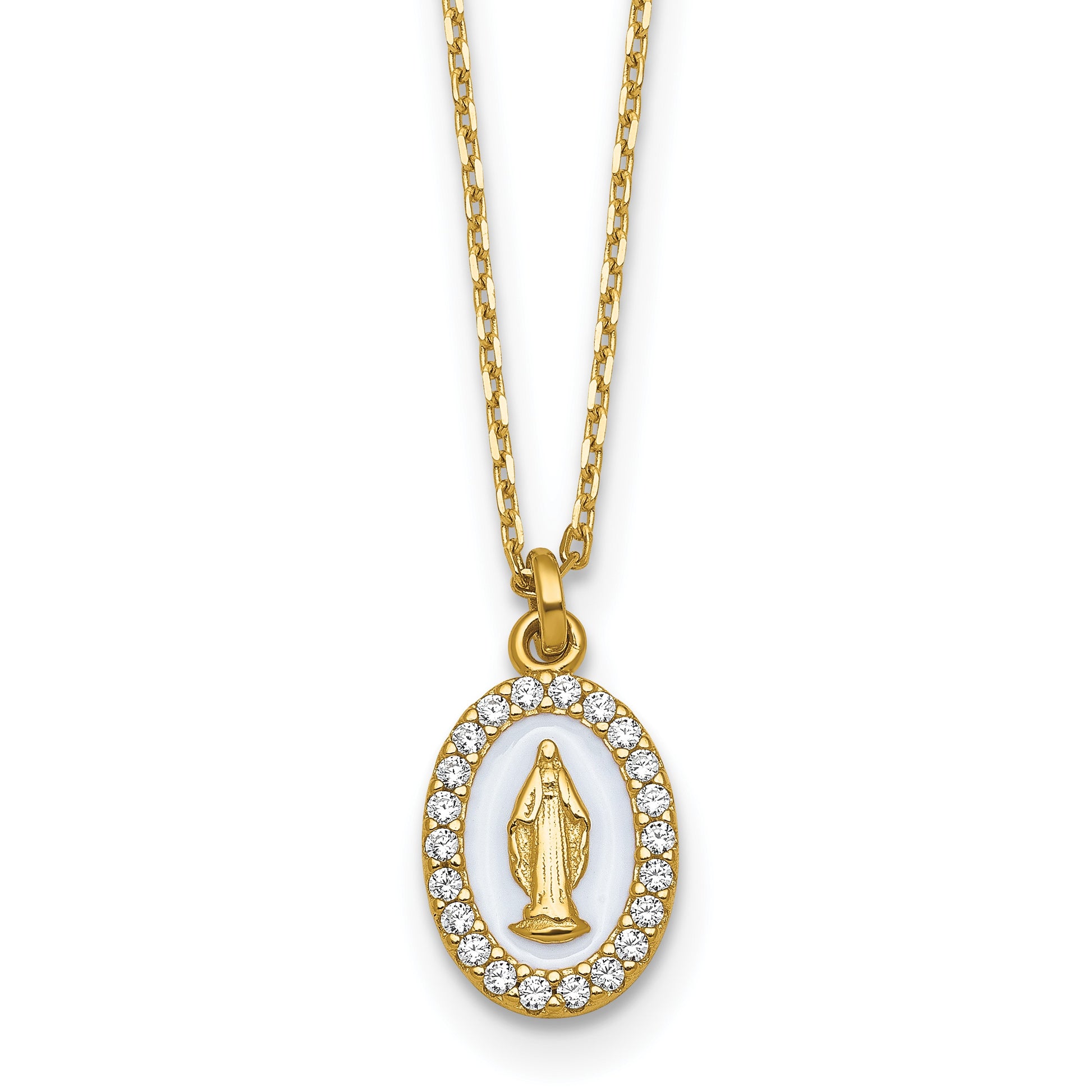 Sterling Silver Gold-plated CZ and White Enamel Miraculous Medal 15.75 inch with 2 inch extender Necklace