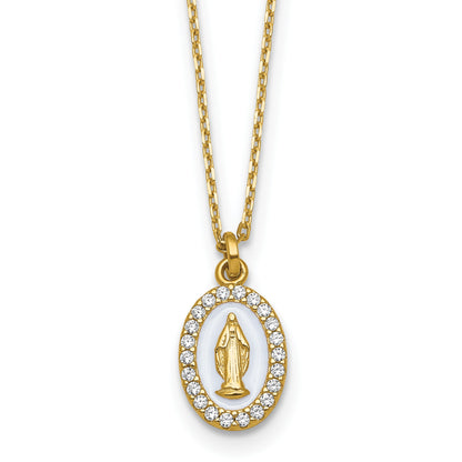 Sterling Silver Gold-plated CZ and White Enamel Miraculous Medal 15.75 inch with 2 inch extender Necklace