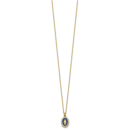 Sterling Silver Gold-plated CZ and Blue Enamel Miraculous Medal 15.75 inch with 2 inch extender Necklace