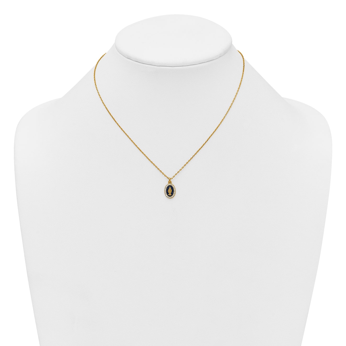 Sterling Silver Gold-plated CZ and Blue Enamel Miraculous Medal 15.75 inch with 2 inch extender Necklace