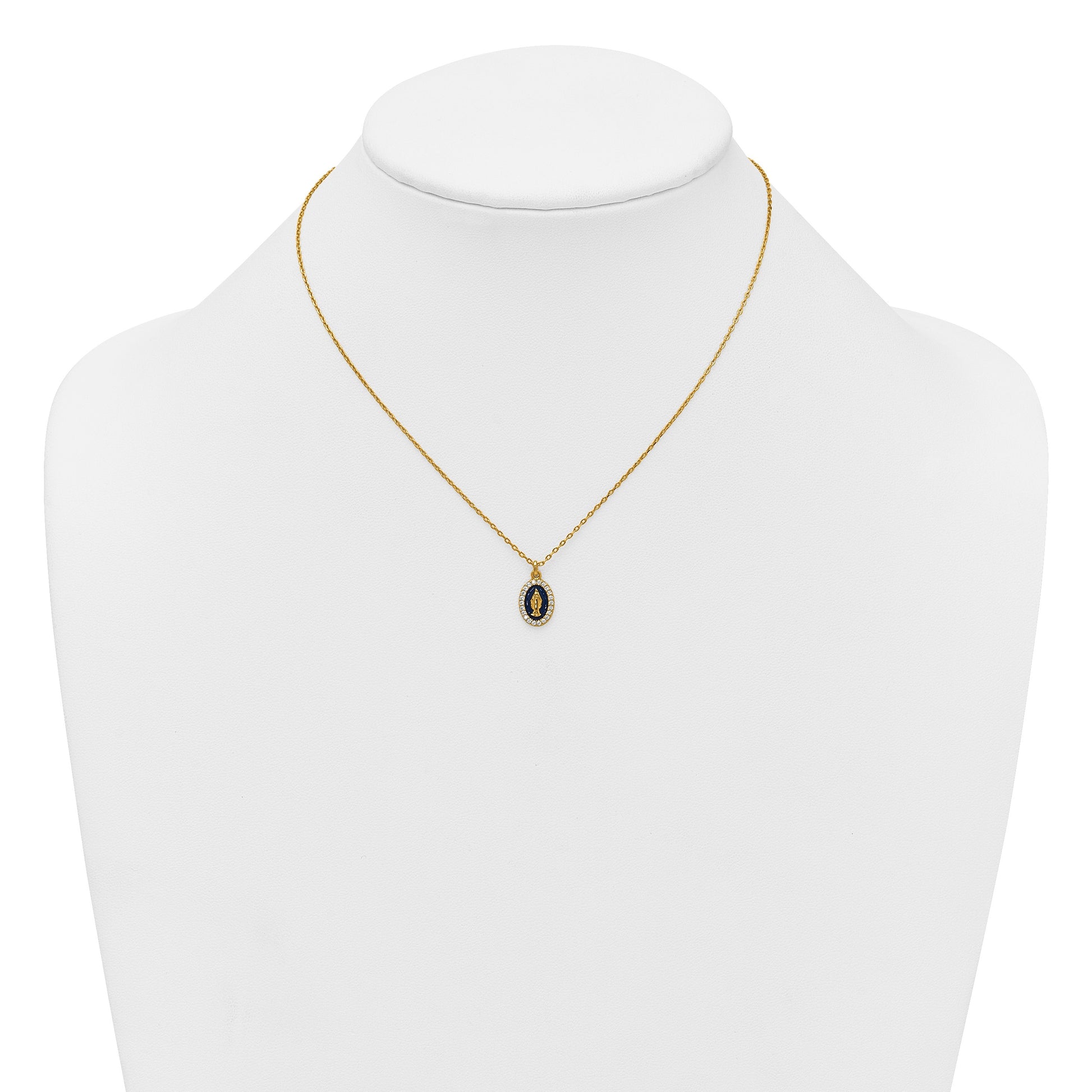 Sterling Silver Gold-plated CZ and Blue Enamel Miraculous Medal 15.75 inch with 2 inch extender Necklace