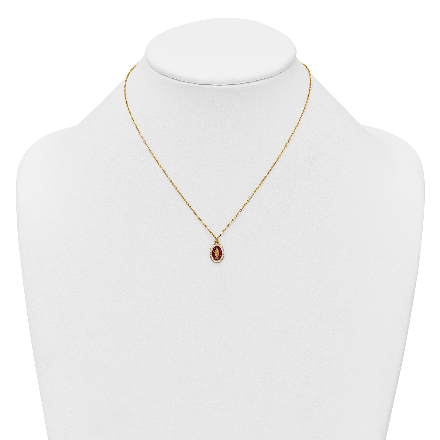 Sterling Silver Gold-plated CZ and Red Enamel Miraculous Medal 15.75 inch with 2 inch extender Necklace