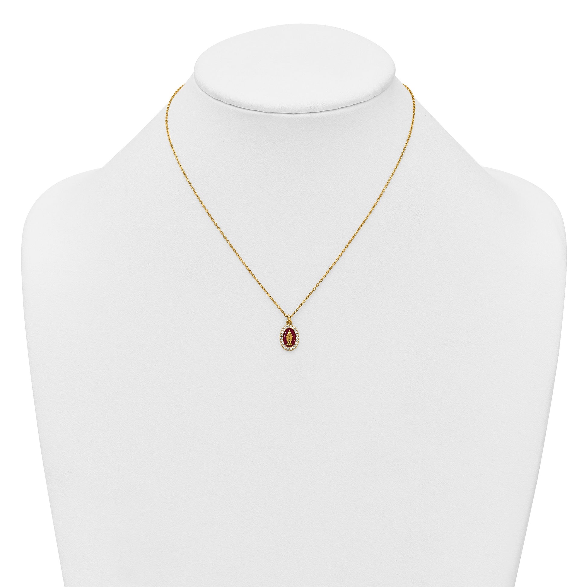 Sterling Silver Gold-plated CZ and Red Enamel Miraculous Medal 15.75 inch with 2 inch extender Necklace