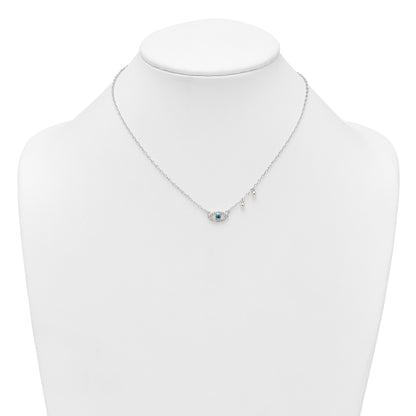 Sterling Silver Polished Blue and White CZ Eye with Beads 16 inch with 2 inch Extension Necklace