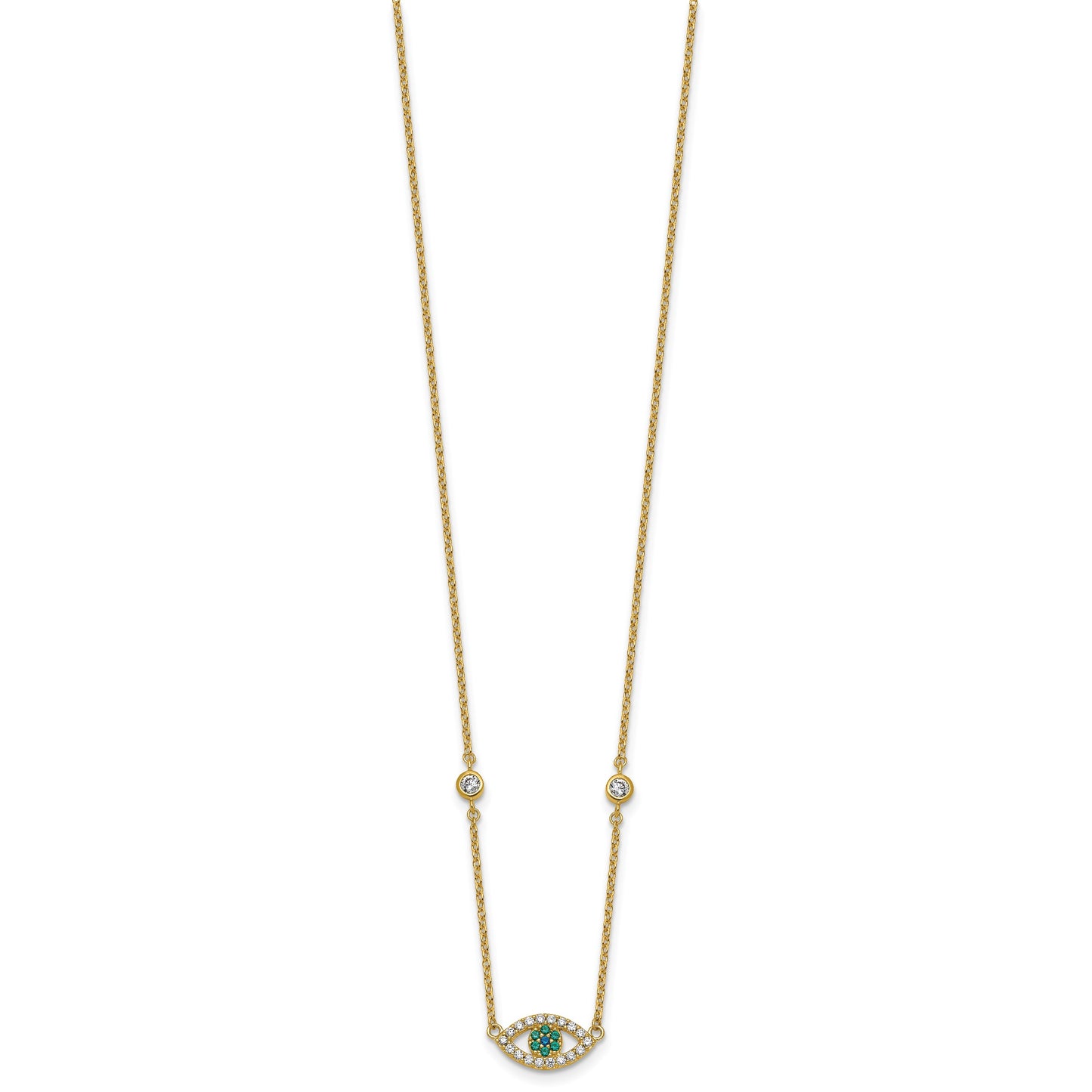 Sterling Silver Gold-tone Polished CZ and Blue and Green Nano Crystal Eye 16 inch with 2 inch Extension Necklace