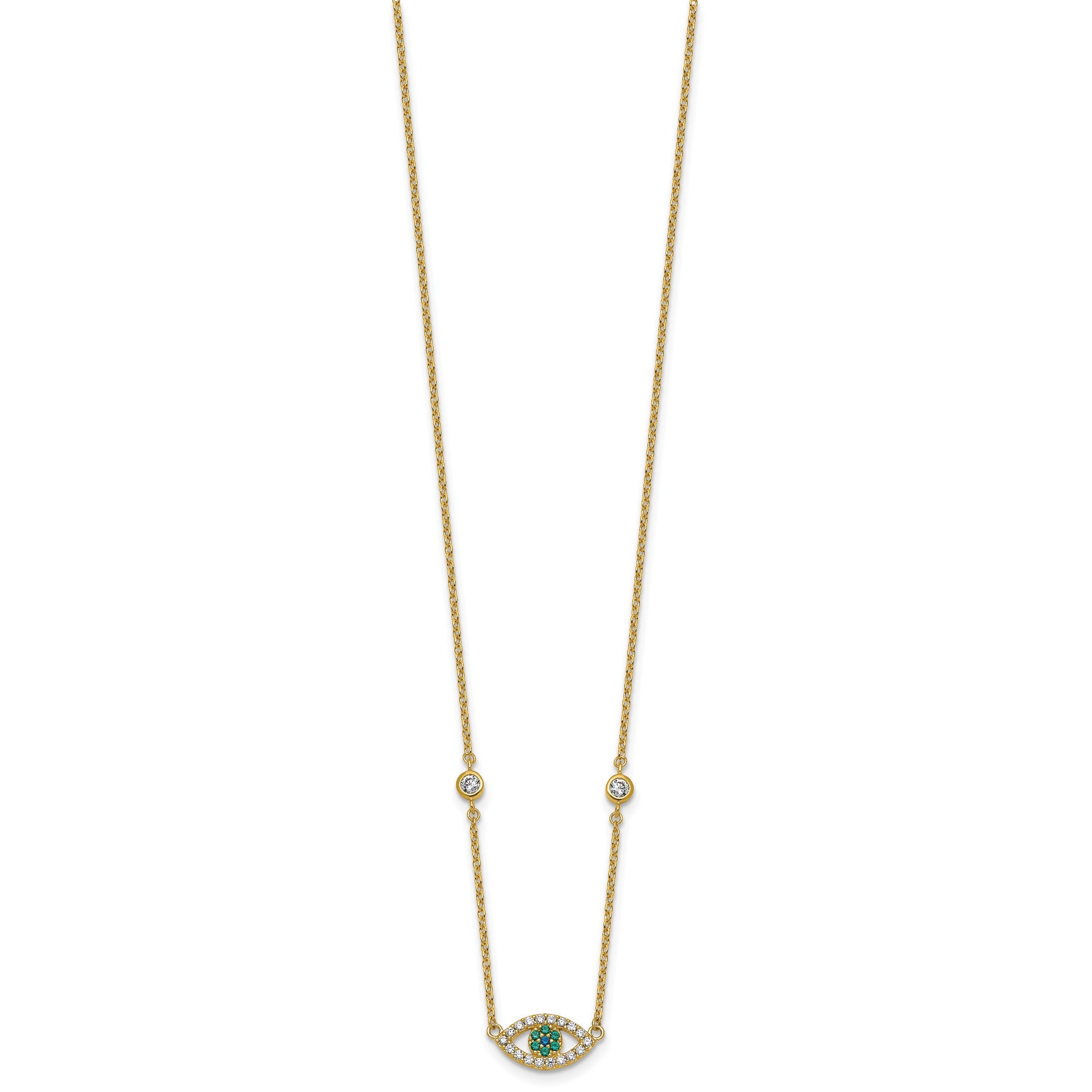 Sterling Silver Gold-tone Polished CZ and Blue and Green Nano Crystal Eye 16 inch with 2 inch Extension Necklace