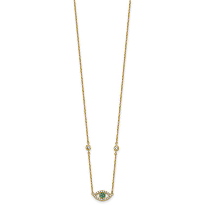 Sterling Silver Gold-tone Polished CZ and Blue and Green Nano Crystal Eye 16 inch with 2 inch Extension Necklace