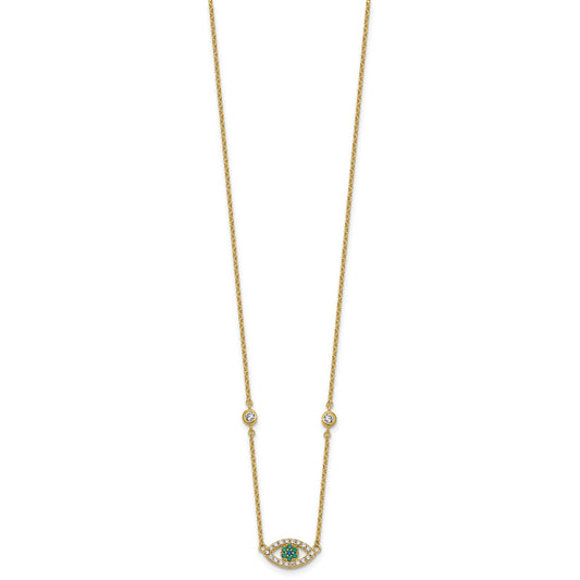 Sterling Silver Gold-tone Polished CZ and Blue and Green Nano Crystal Eye 16 inch with 2 inch Extension Necklace