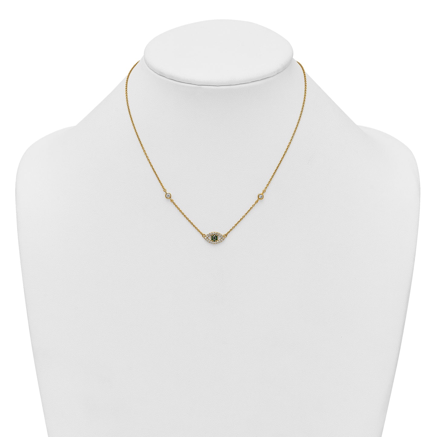 Sterling Silver Gold-tone Polished CZ and Blue and Green Nano Crystal Eye 16 inch with 2 inch Extension Necklace