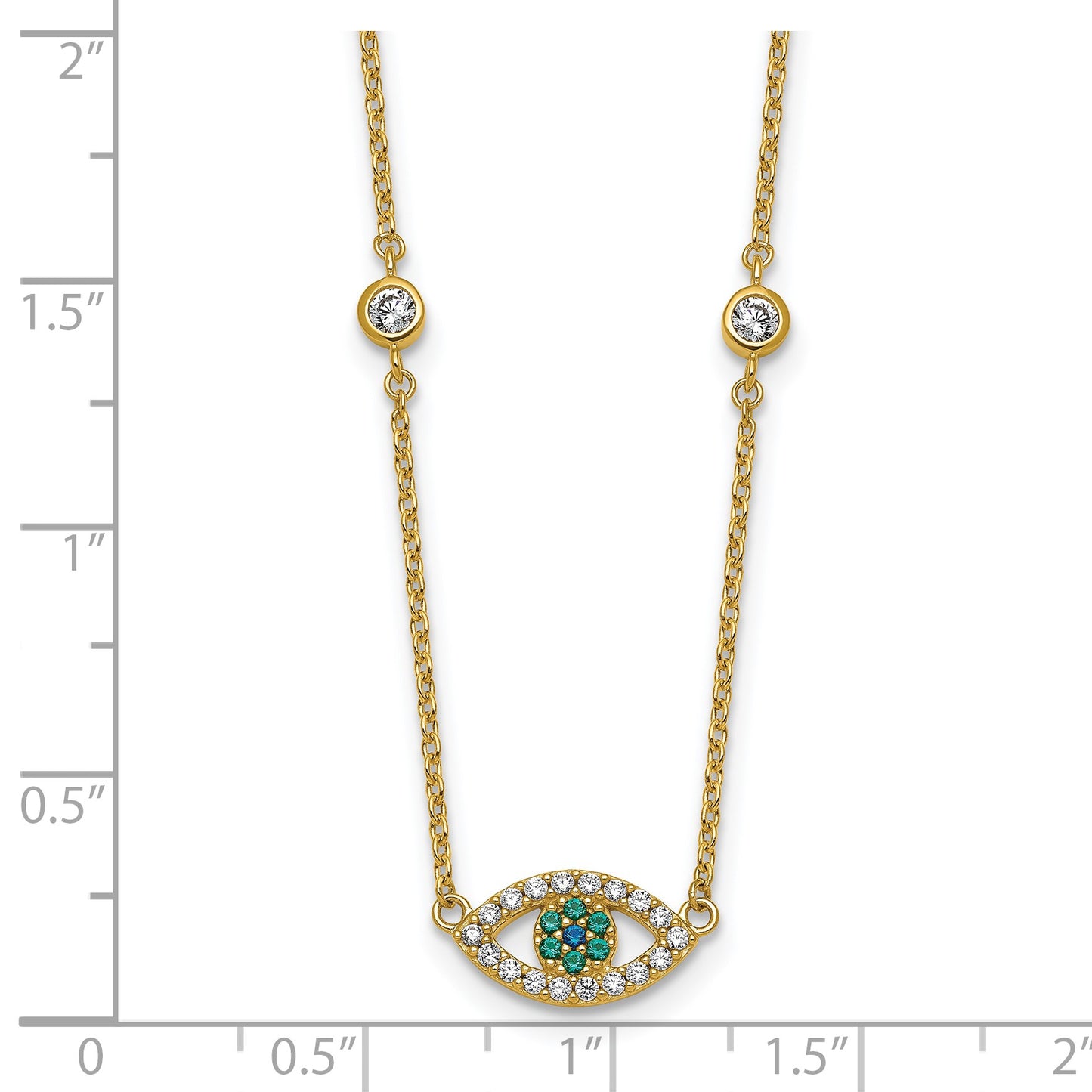 Sterling Silver Gold-tone Polished CZ and Blue and Green Nano Crystal Eye 16 inch with 2 inch Extension Necklace