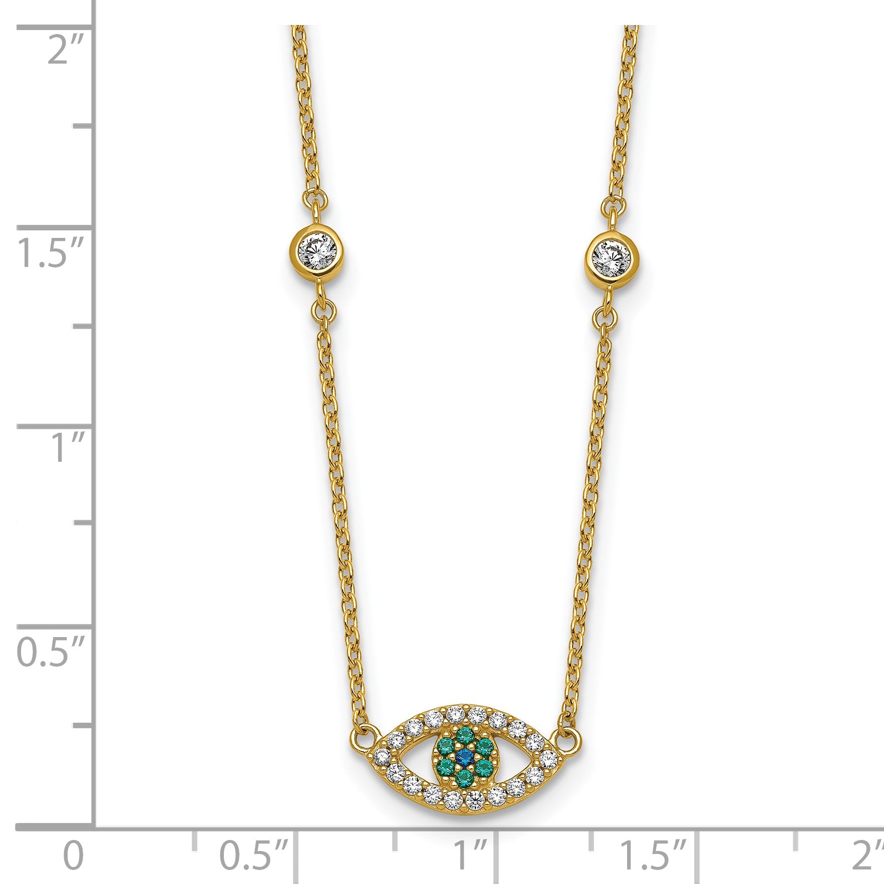 Sterling Silver Gold-tone Polished CZ and Blue and Green Nano Crystal Eye 16 inch with 2 inch Extension Necklace