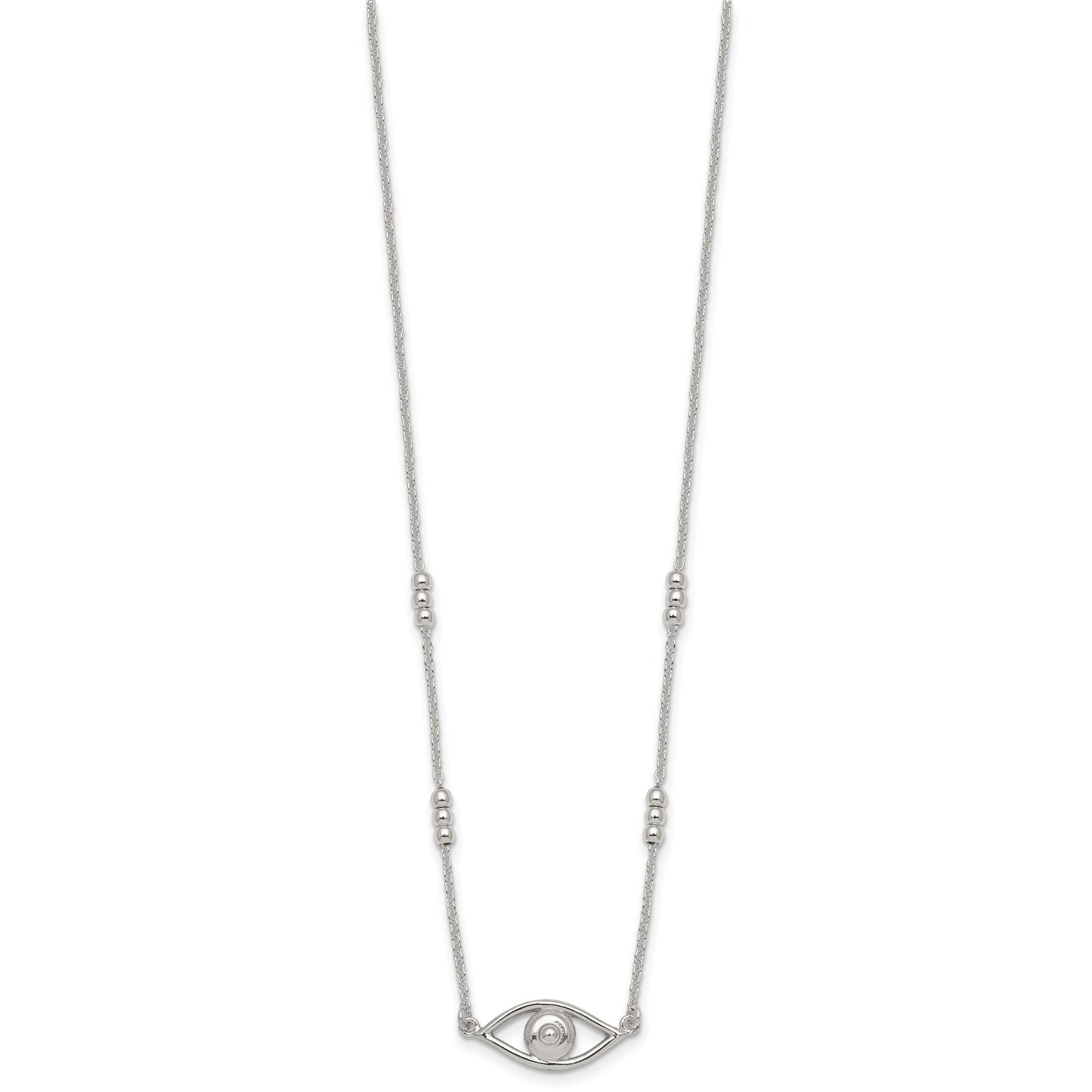 Sterling Silver Polished and Beaded Evil Eye 16.5 inch with 1 inch Extension Necklace