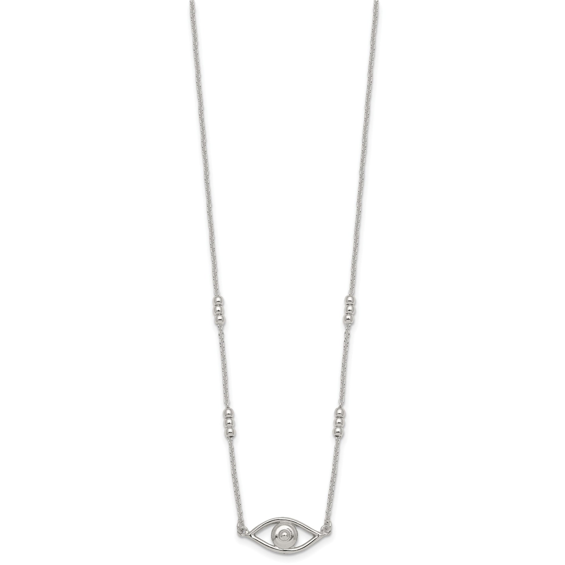Sterling Silver Polished and Beaded Evil Eye 16.5 inch with 1 inch Extension Necklace