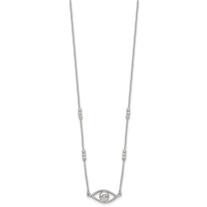 Sterling Silver Polished and Beaded Evil Eye 16.5 inch with 1 inch Extension Necklace