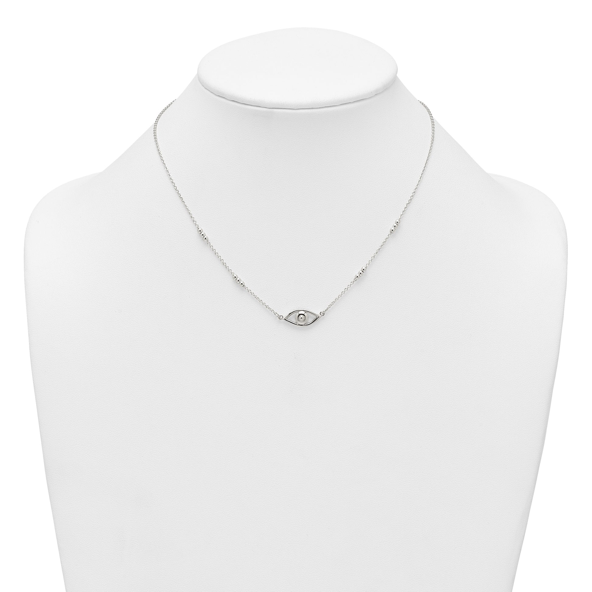 Sterling Silver Polished and Beaded Evil Eye 16.5 inch with 1 inch Extension Necklace