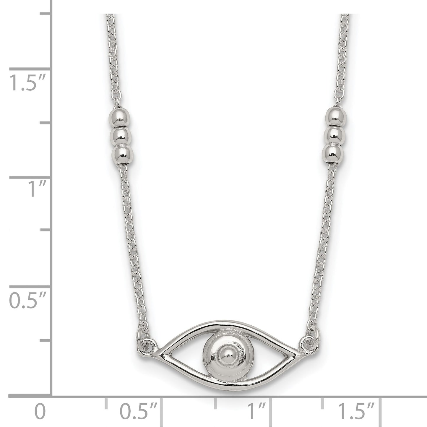 Sterling Silver Polished and Beaded Evil Eye 16.5 inch with 1 inch Extension Necklace