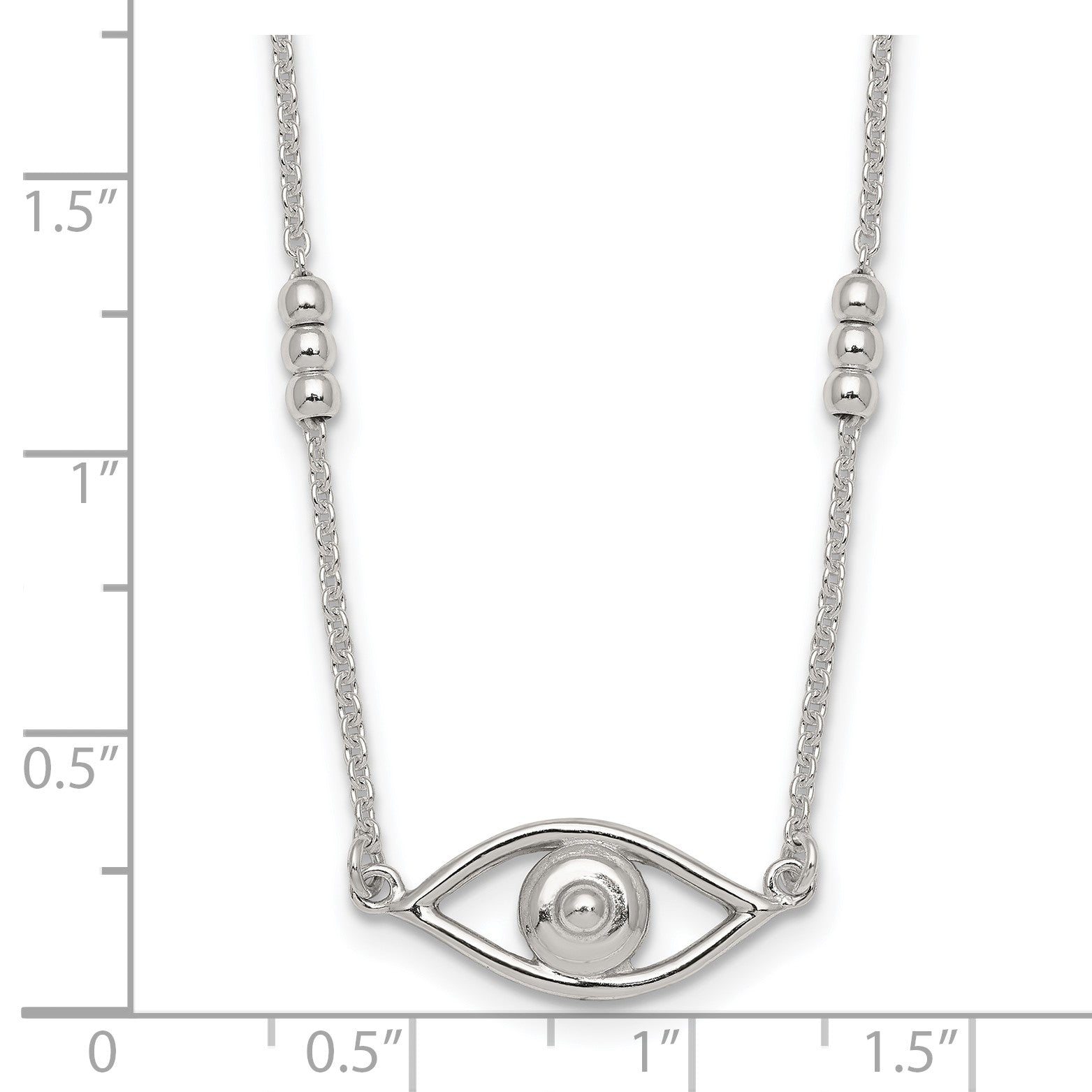 Sterling Silver Polished and Beaded Evil Eye 16.5 inch with 1 inch Extension Necklace