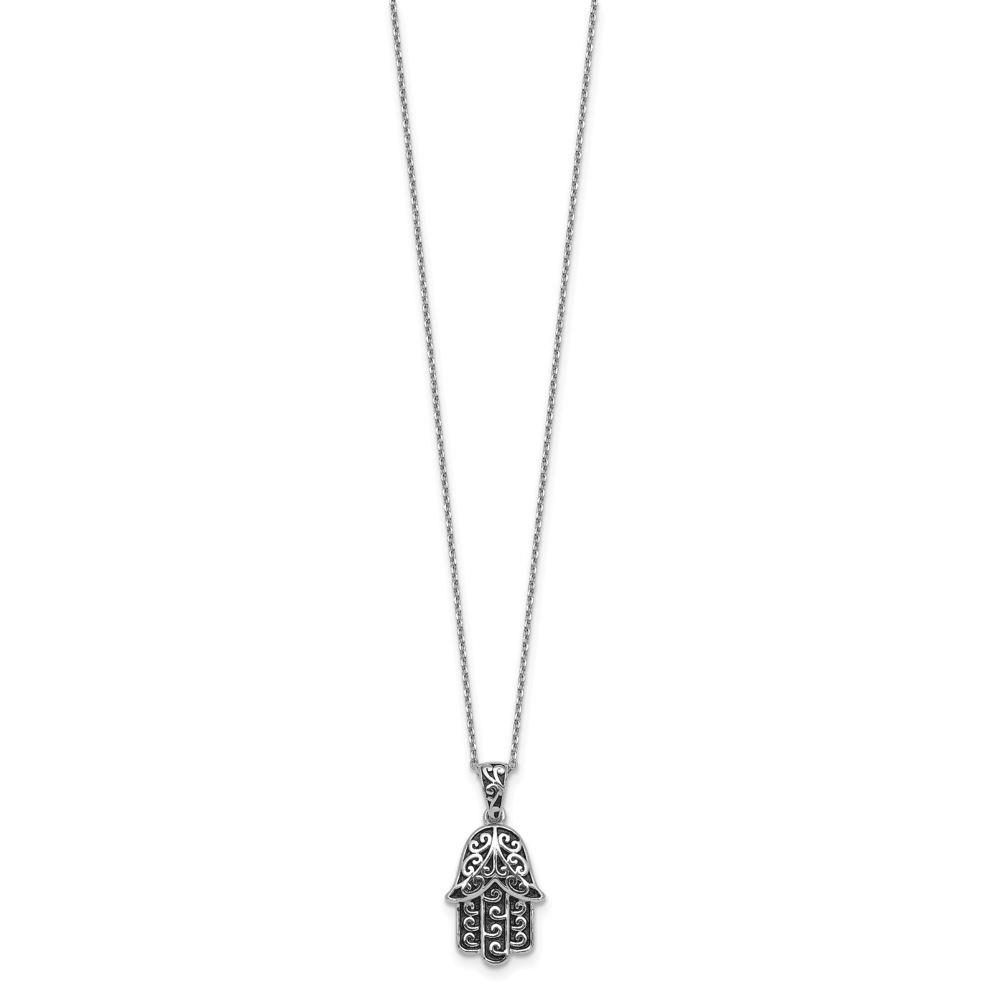 Sterling Silver Rhodium-plated Polished and Oxidized Filigree Hamsa 18 Inch Necklace