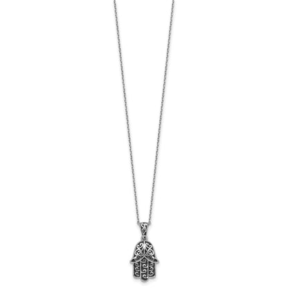 Sterling Silver Rhodium-plated Polished and Oxidized Filigree Hamsa 18 Inch Necklace