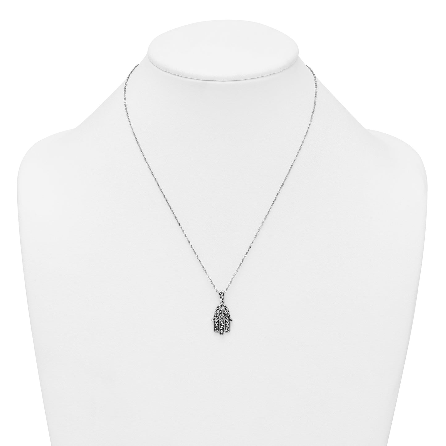Sterling Silver Rhodium-plated Polished and Oxidized Filigree Hamsa 18 Inch Necklace