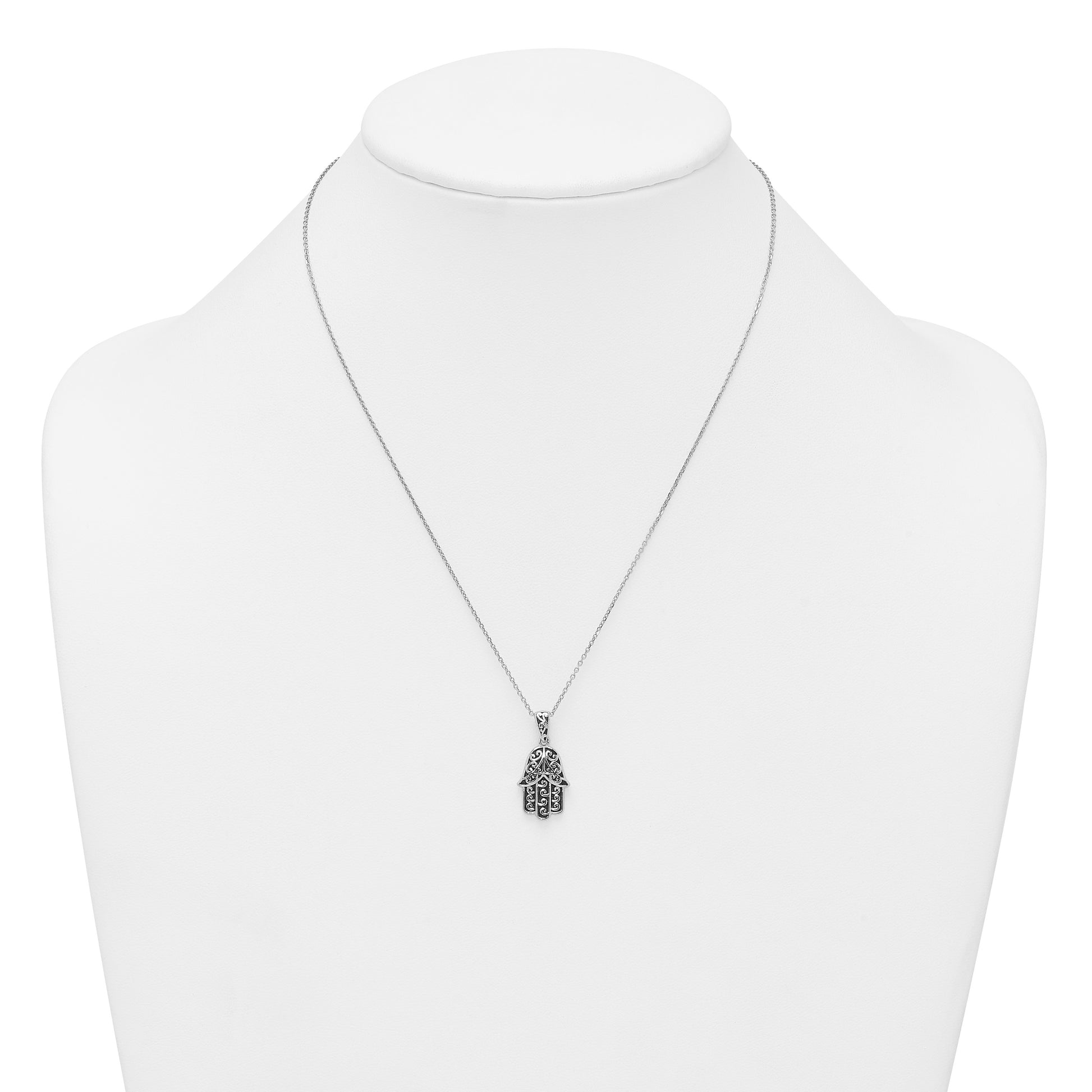 Sterling Silver Rhodium-plated Polished and Oxidized Filigree Hamsa 18 Inch Necklace