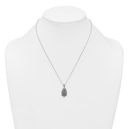 Sterling Silver Rhodium-plated Polished and Oxidized Filigree Hamsa 18 Inch Necklace