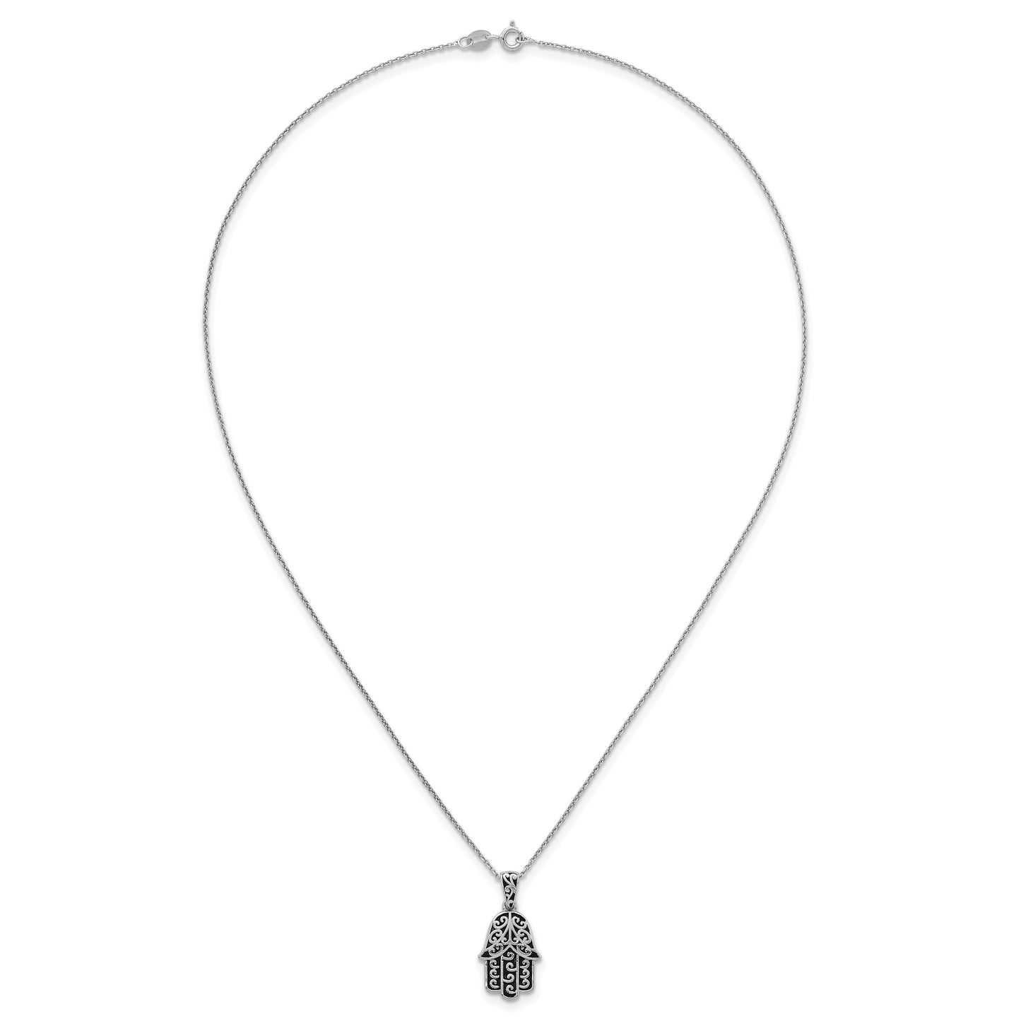Sterling Silver Rhodium-plated Polished and Oxidized Filigree Hamsa 18 Inch Necklace
