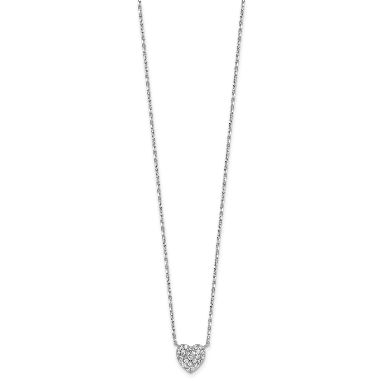 Sterling Silver Rhodium-plated Polished Pave CZ Heart 16 Inch with 2 Inch Extension Necklace