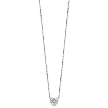 Sterling Silver Rhodium-plated Polished Pave CZ Heart 16 Inch with 2 Inch Extension Necklace