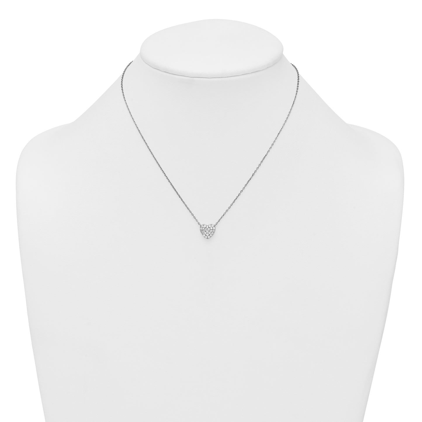 Sterling Silver Rhodium-plated Polished Pave CZ Heart 16 Inch with 2 Inch Extension Necklace