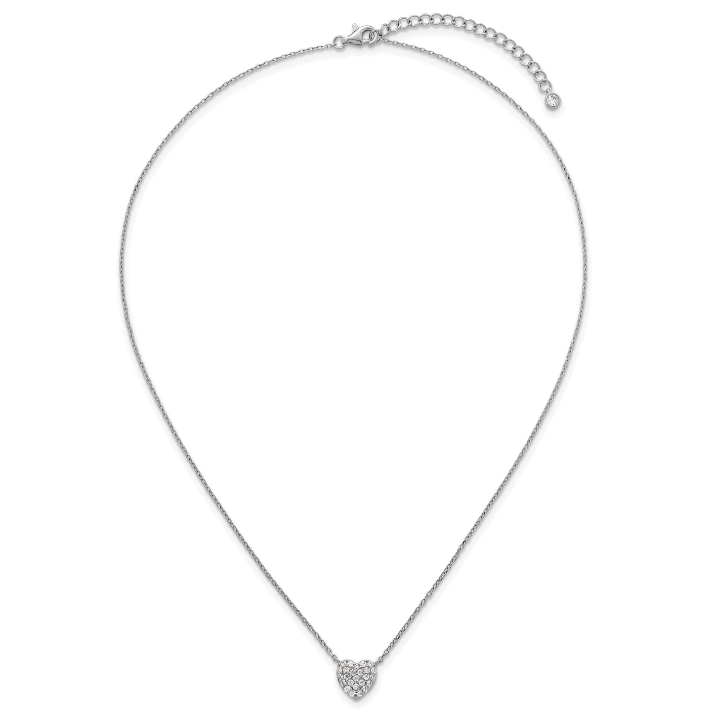 Sterling Silver Rhodium-plated Polished Pave CZ Heart 16 Inch with 2 Inch Extension Necklace