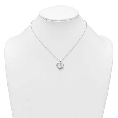 Sterling Silver Polished White CZ Heart and Paw Print 16 inch Necklace