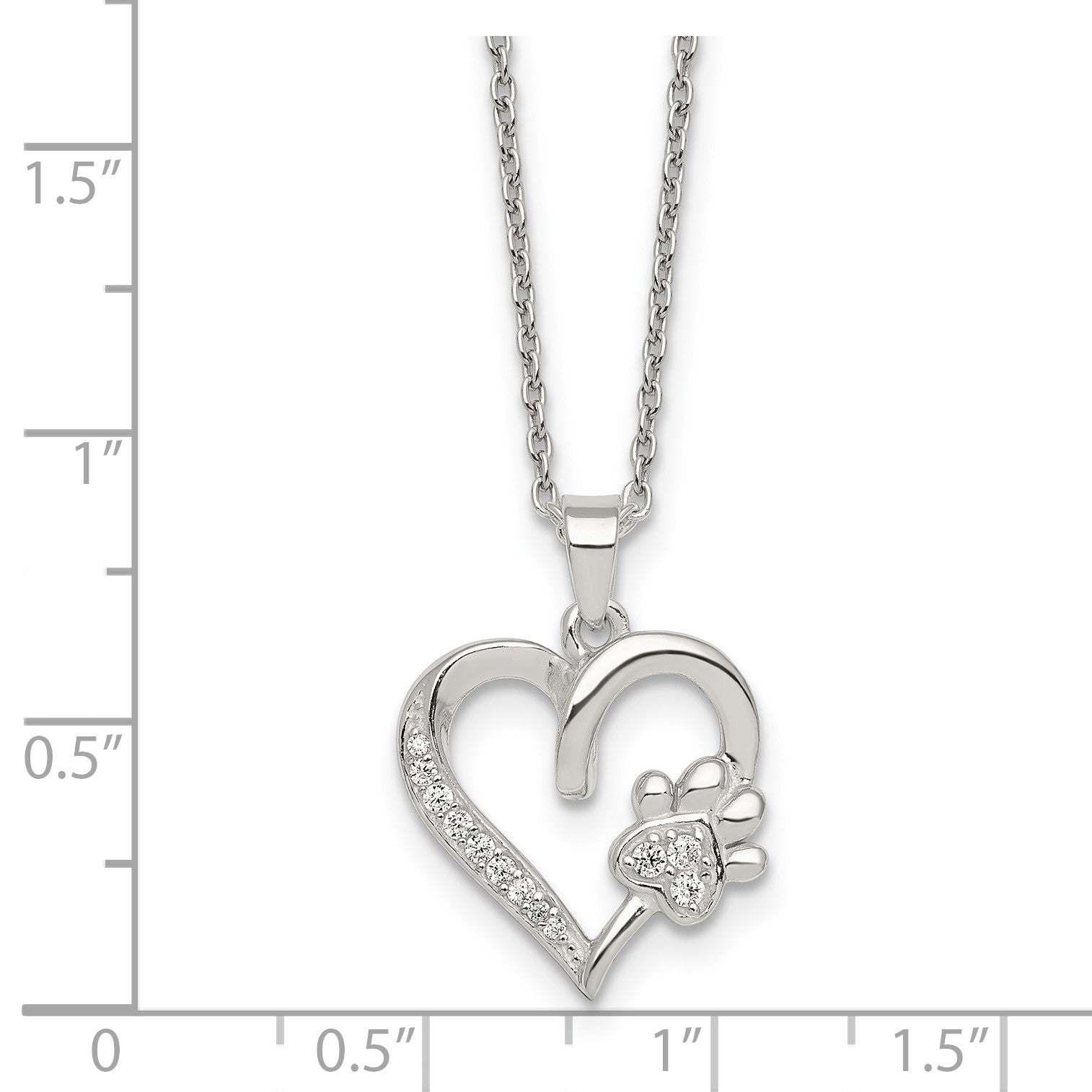 Sterling Silver Polished White CZ Heart and Paw Print 16 inch Necklace