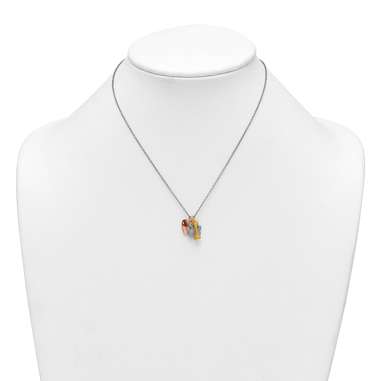 Sterling Silver Rose and Yellow Gold-plated Polished CZ Pawprint Heart and Bone 16 Inch with 2 Inch Extension Necklace