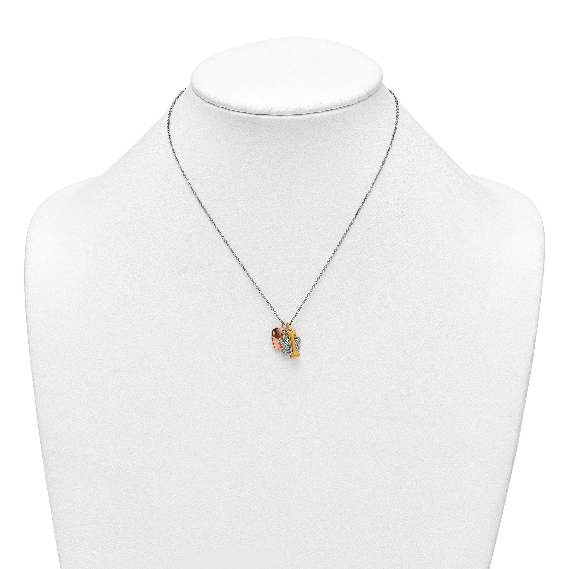 Sterling Silver Rose and Yellow Gold-plated Polished CZ Pawprint Heart and Bone 16 Inch with 2 Inch Extension Necklace