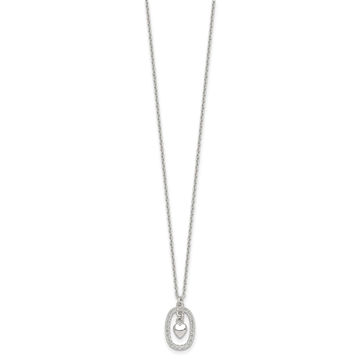 Sterling Silver Polished White CZ Oval with Dangle Heart 16 inch Necklace