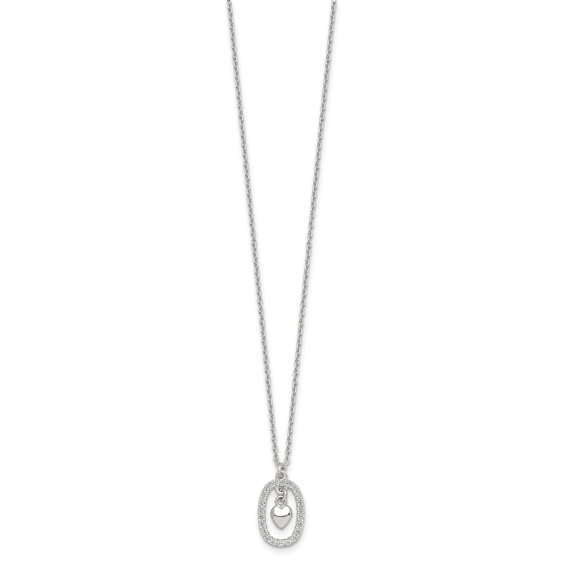 Sterling Silver Polished White CZ Oval with Dangle Heart 16 inch Necklace