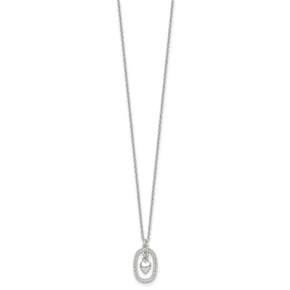 Sterling Silver Polished White CZ Oval with Dangle Heart 16 inch Necklace