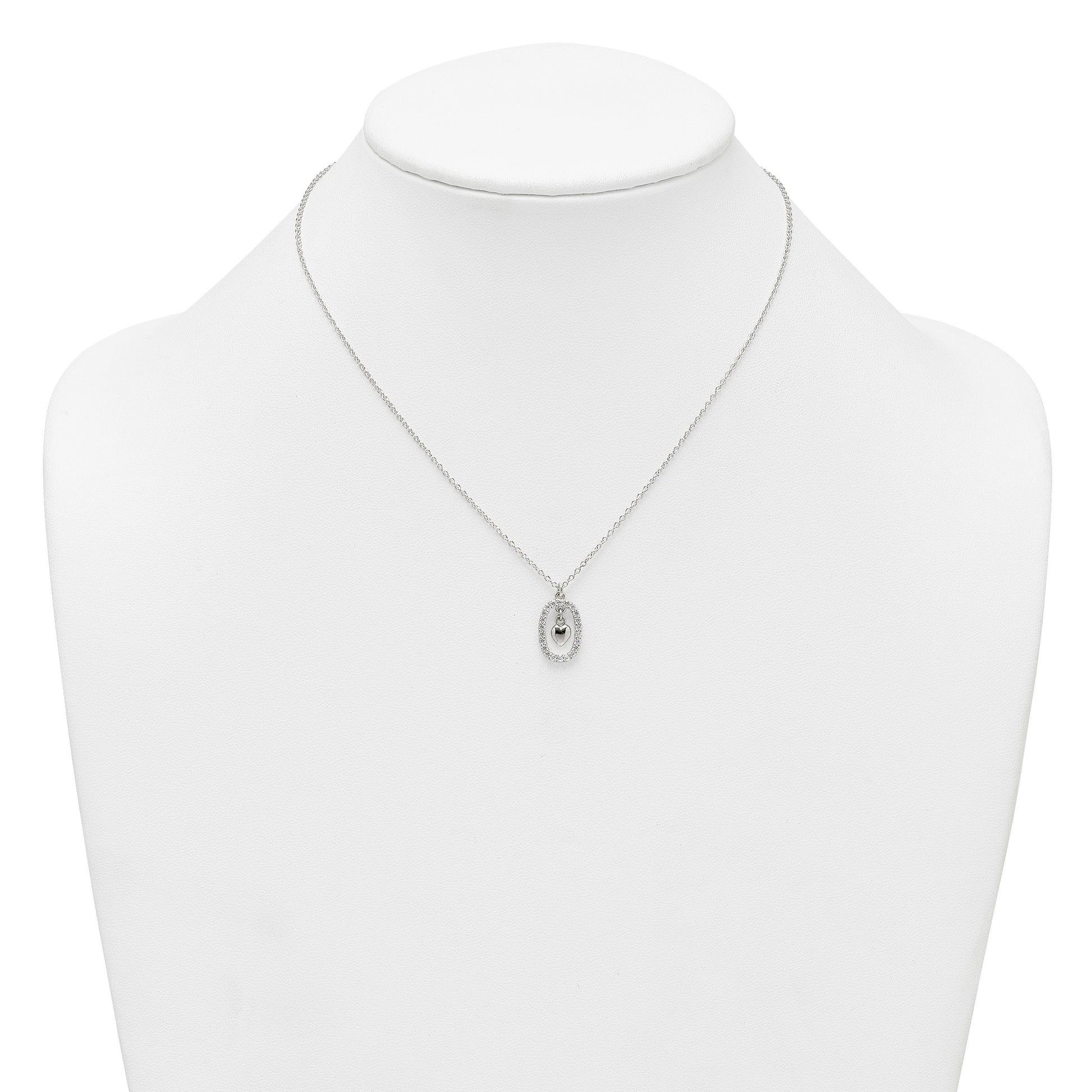 Sterling Silver Polished White CZ Oval with Dangle Heart 16 inch Necklace