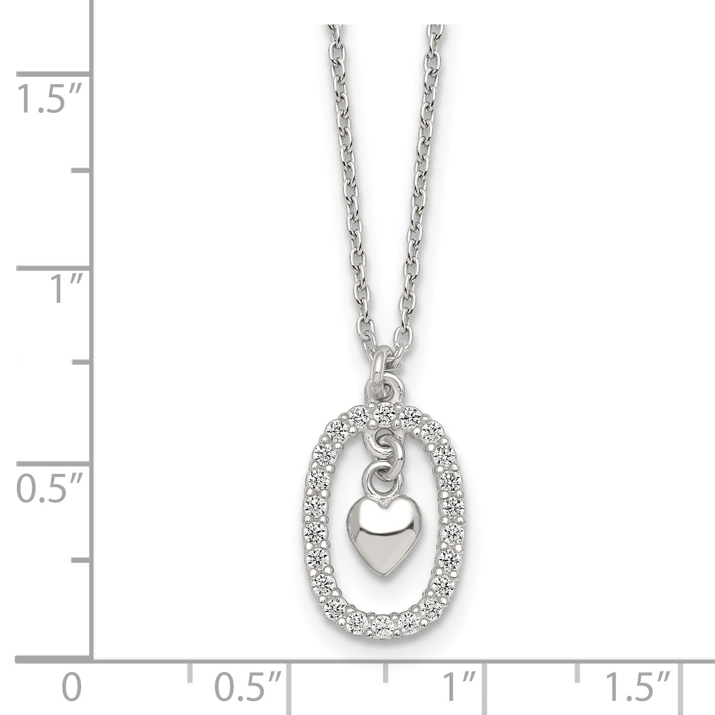 Sterling Silver Polished White CZ Oval with Dangle Heart 16 inch Necklace