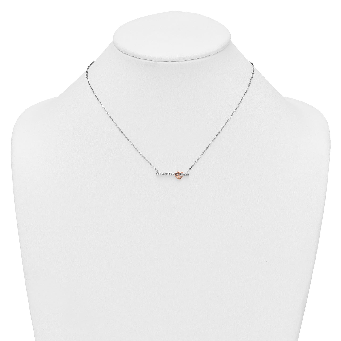 Sterling Silver Rhodium-plated and Rose-tone Polished CZ Heart Bar 16 Inch with 2 Inch Extension Necklace