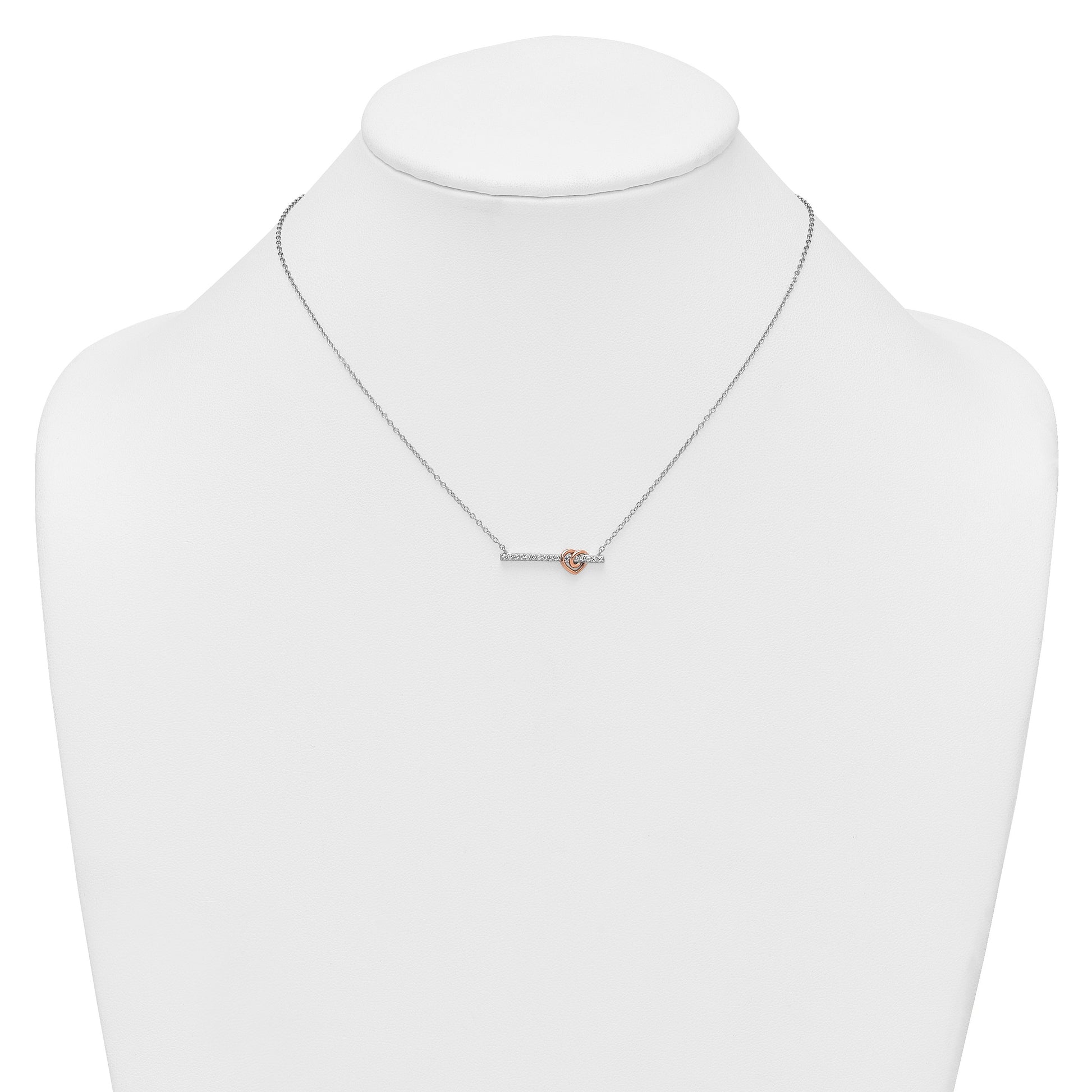 Sterling Silver Rhodium-plated and Rose-tone Polished CZ Heart Bar 16 Inch with 2 Inch Extension Necklace