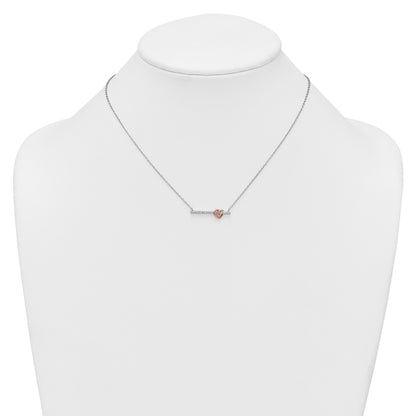 Sterling Silver Rhodium-plated and Rose-tone Polished CZ Heart Bar 16 Inch with 2 Inch Extension Necklace
