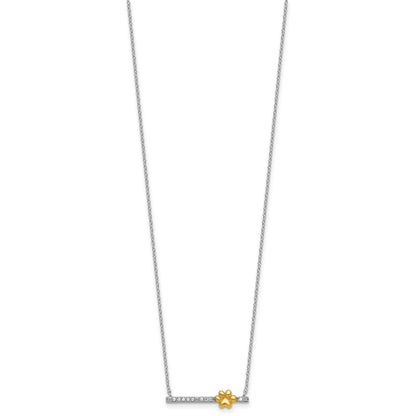 Sterling Silver Rhodium-plated and Gold-tone Polished CZ Pawprint Bar 16 Inch with 2 Inch Extension Necklace