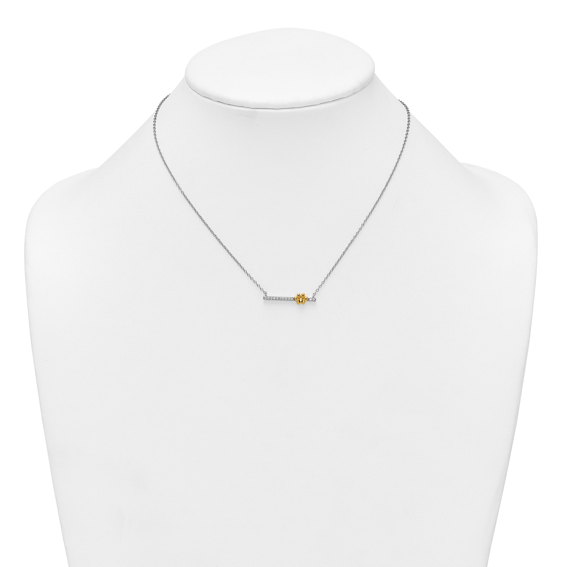Sterling Silver Rhodium-plated and Gold-tone Polished CZ Pawprint Bar 16 Inch with 2 Inch Extension Necklace