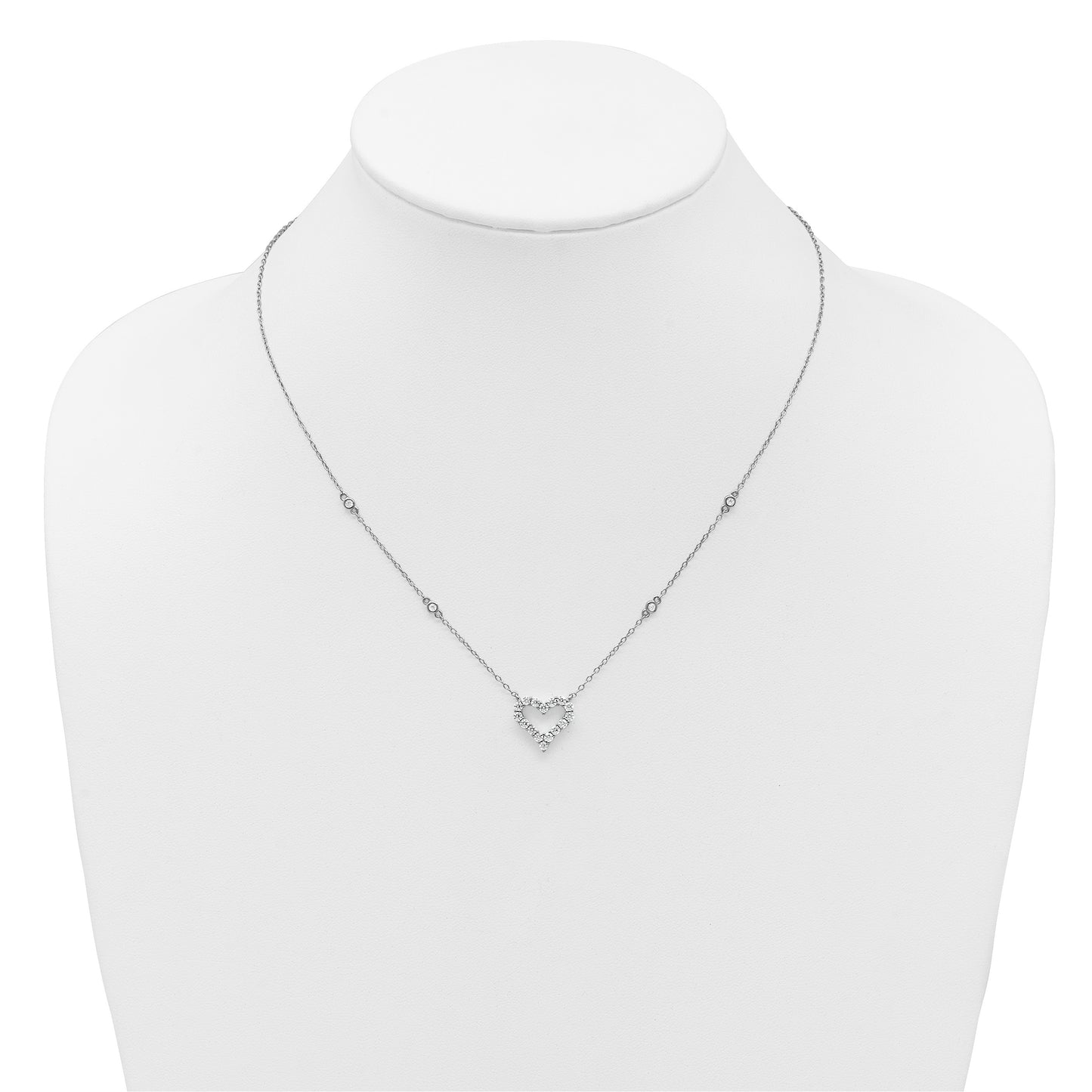 Sterling Silver Rhodium-plated Polished CZ Open Heart 18 Inch Necklace